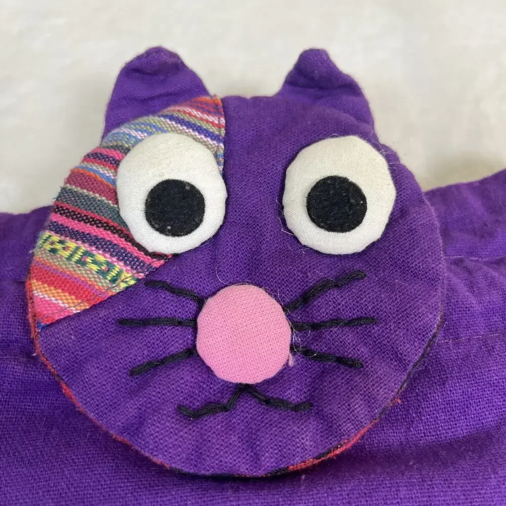 Handmade Patchwork Colorful Cat Drawstring Backpack Purple Multi-Color Charity